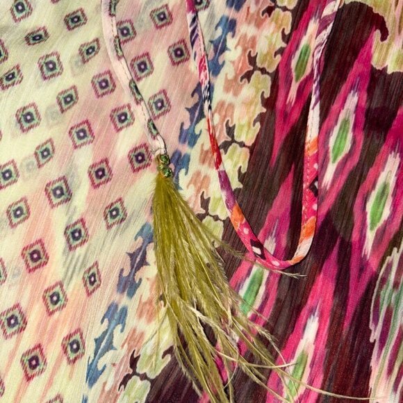 NWT NEW Zara Feather Trim Printed Blouse XS Boho Sheer Tassle Button Front - Picture 2 of 10